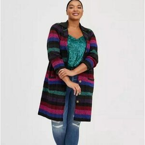 Torrid Multicolor Striped Longline Button-up Colorful Warm Cardigan Size 2